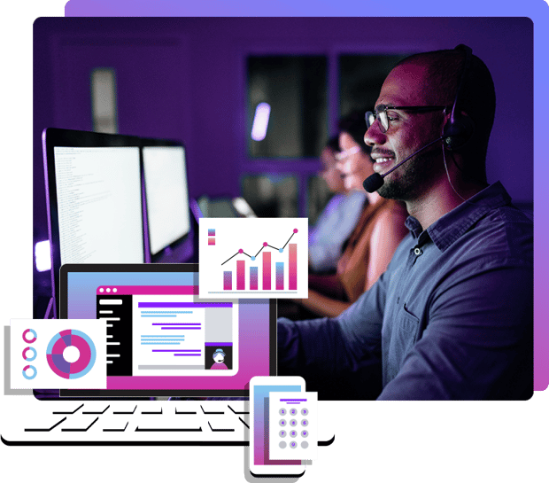 Prestwood IT specialist using VoIP headset with Vonage business phone system, supported by cloud analytics and call reporting tools